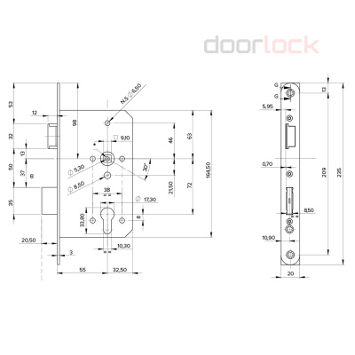Замок дверной огнестойкий DL 1769/D/55mm, антипаник,  оцинкованный
